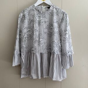 ZARA Woman Striped Floral Lace Blouse | Peplum Hem Long Sleeve Top Size M